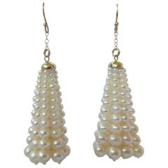 Multi-Strand Graduated Pearl Tassel Dangle Earring with Yellow Gold Cup 12