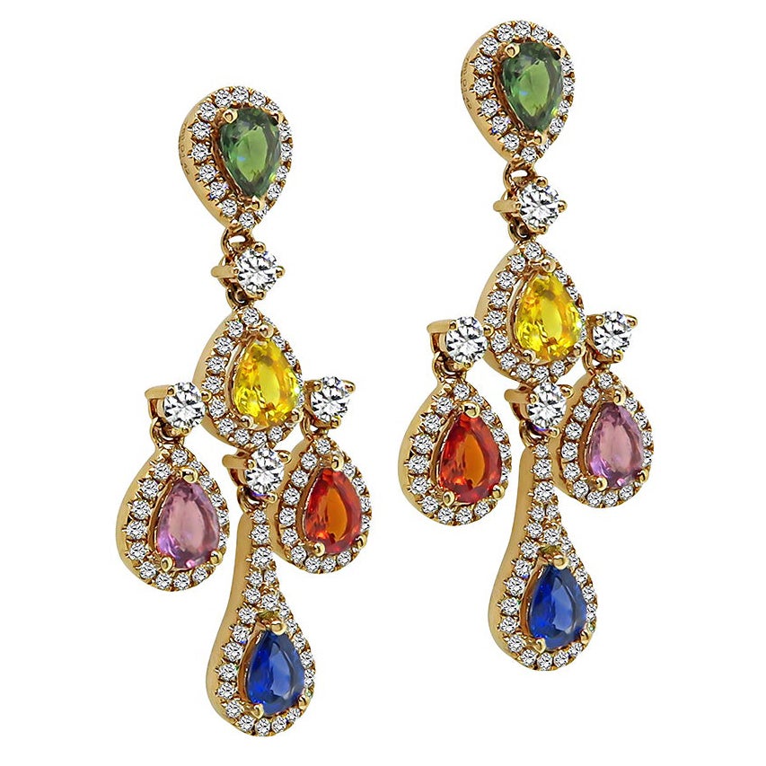 3.67ct Multi Color Sapphire 1.42ct Diamond Earrings For Sale