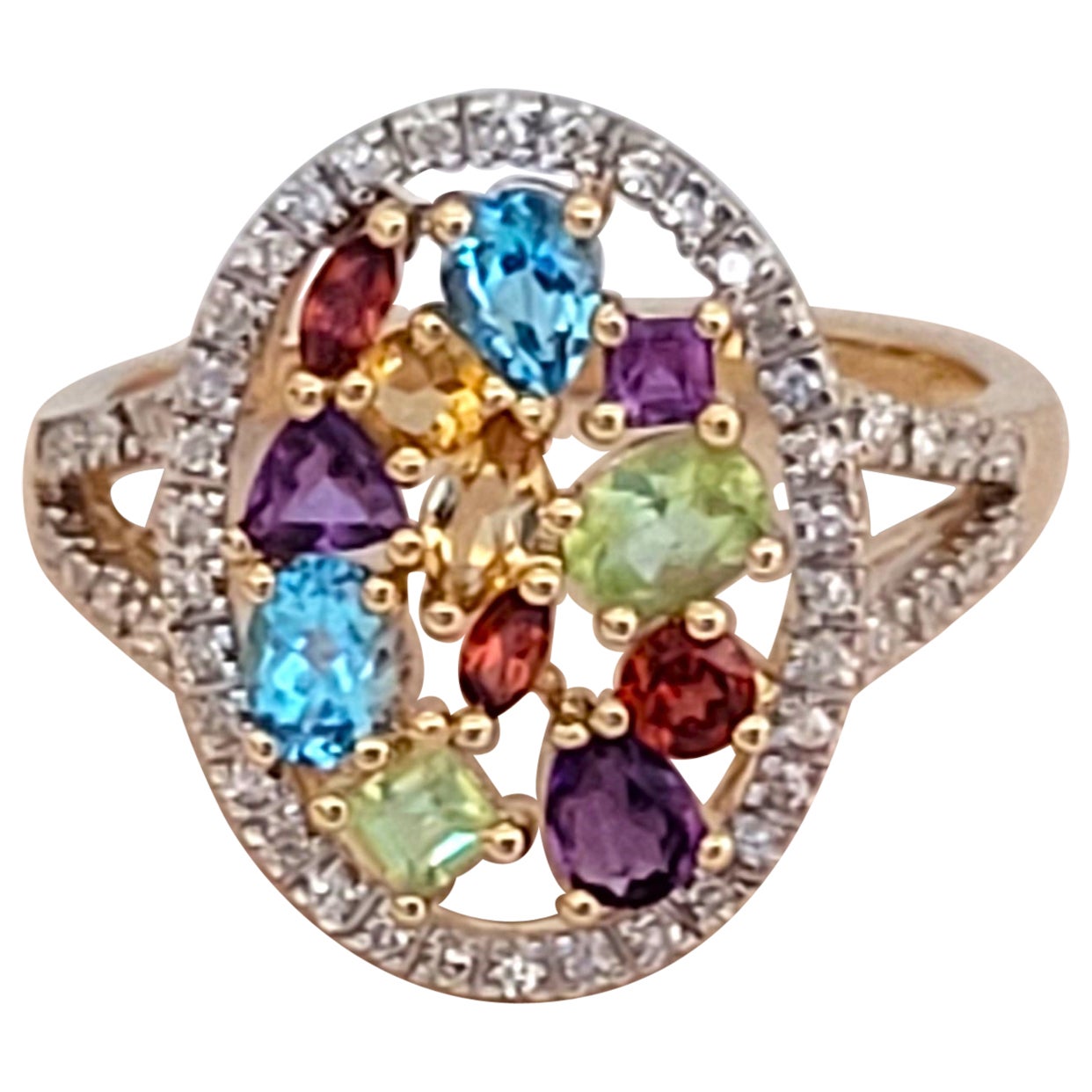 14kt Yellow Gold Multi-Colored Gemstone Round Brilliant Diamond Ring .50cttw For Sale
