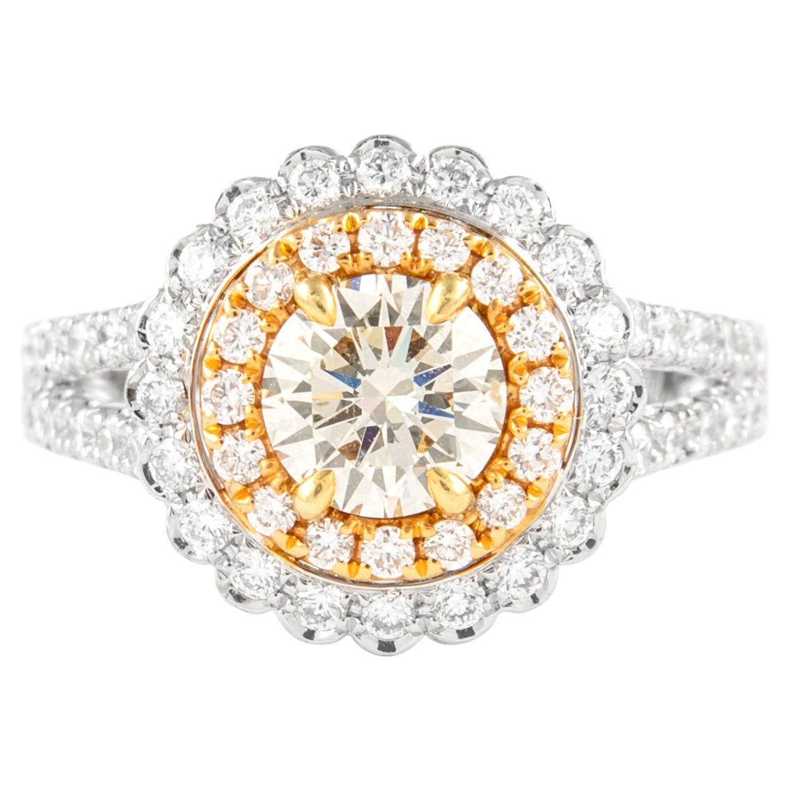 Alexander 1.78ctt Round Light Yellow Diamond Double Halo Ring 18k Two Tone