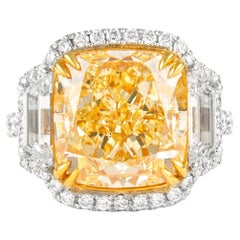 Alexander GIA Certified 10.87ct Fancy Yellow Diamond Three-Stone Halo Ring