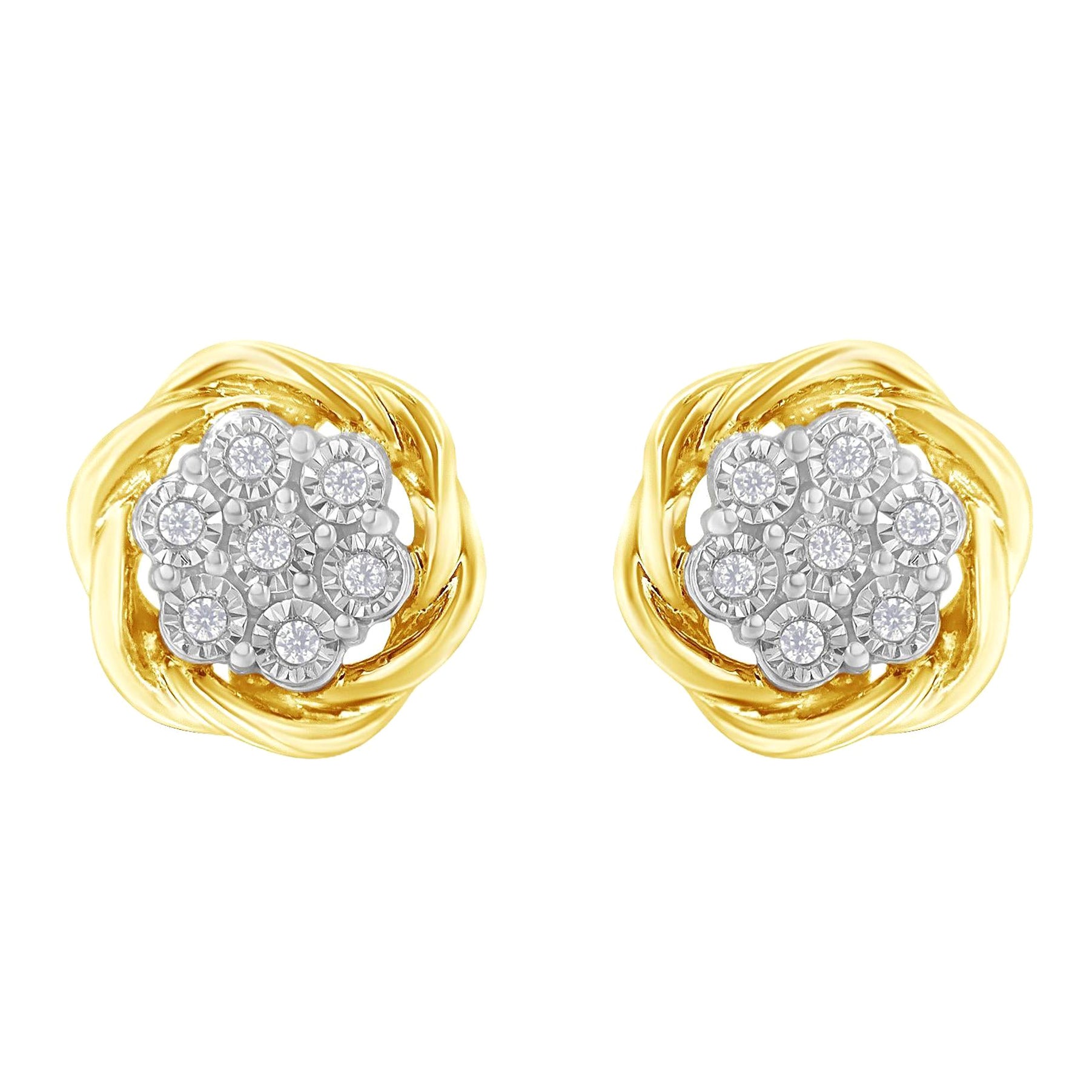 Yellow Gold Plated Sterling Silver 1/6 Carat Diamond Rose Stud Earrings For Sale