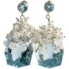 Fancy Cut Blue Topaz Seed Pearl Moonstone Cluster Earrings - Diana IV Earrings
