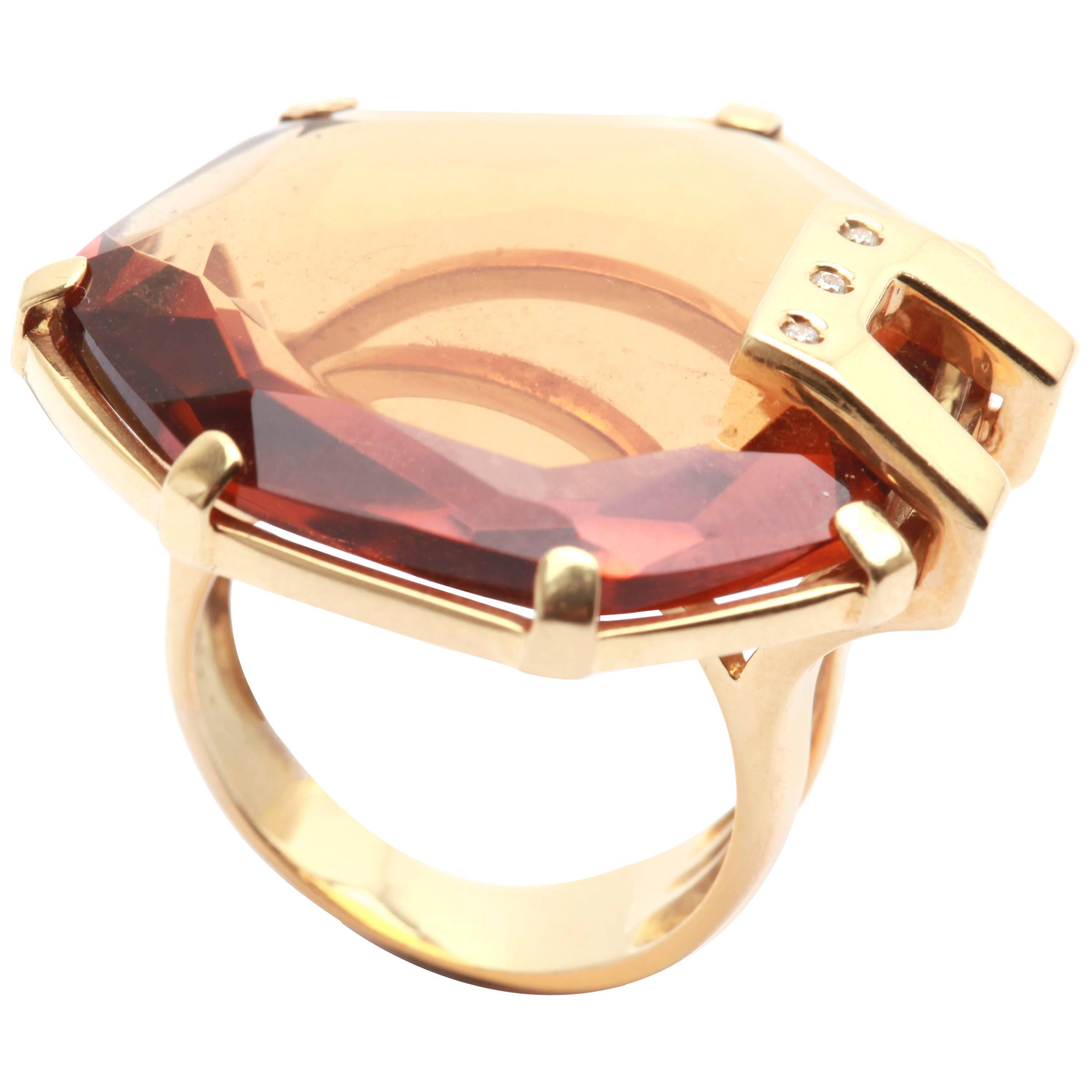 1970s Citrine Diamond Gold Ring 