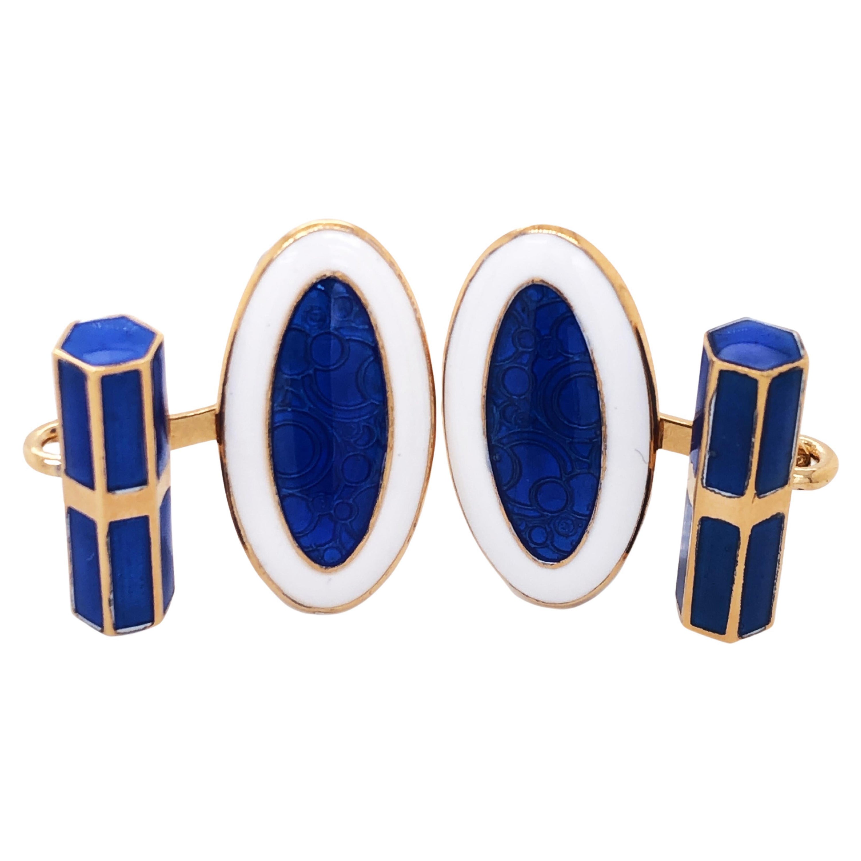 Berca Champlevé Hand Enameled White Royal Blue Gold Sterling Silver Cufflinks For Sale