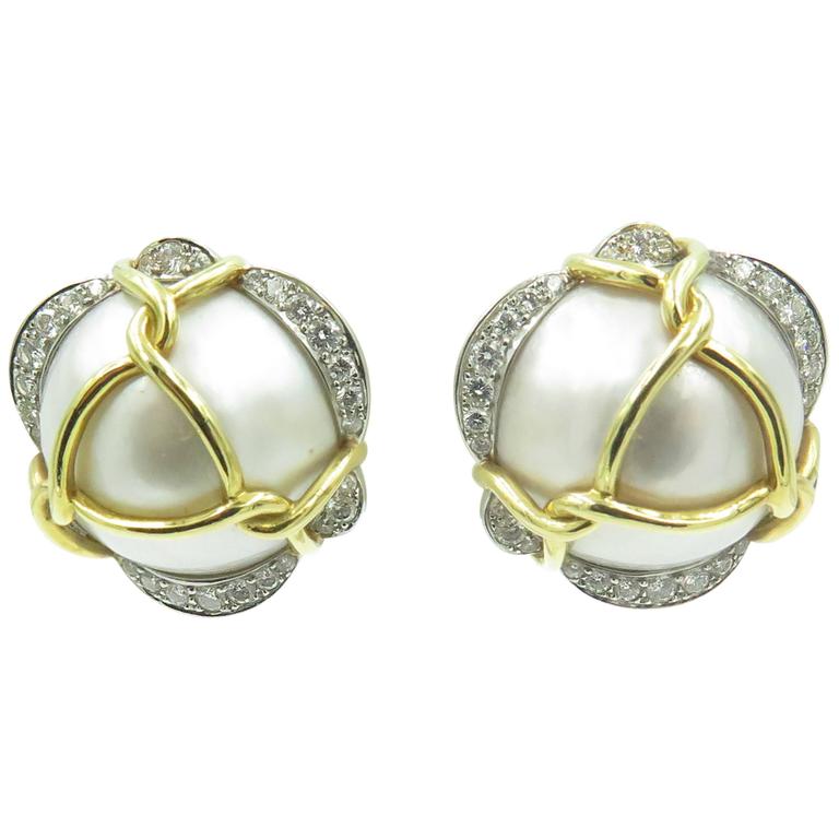Verdura Pearl Diamond Gold Platinum Earrings at 1stDibs