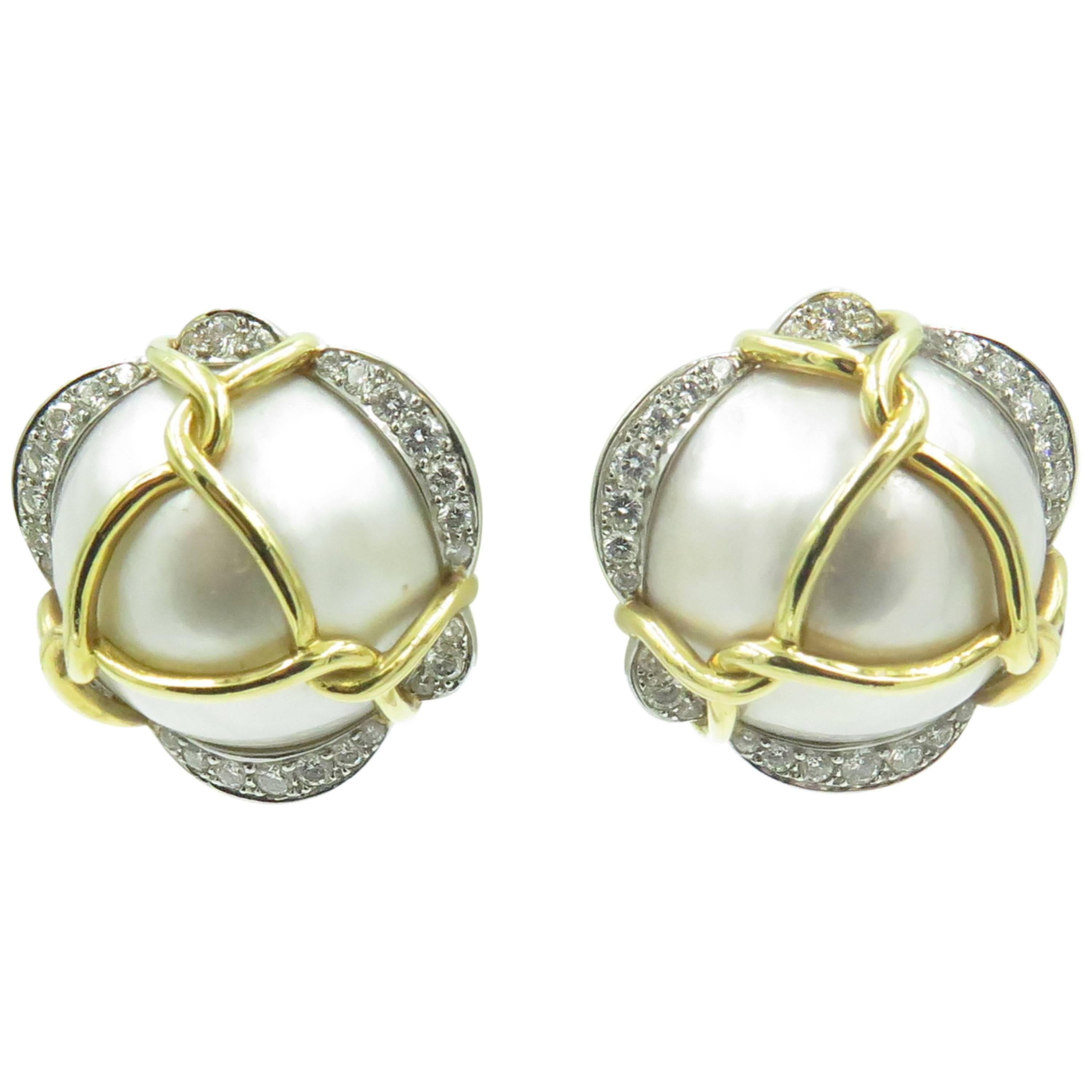 Verdura Pearl Diamond Gold Platinum Earrings