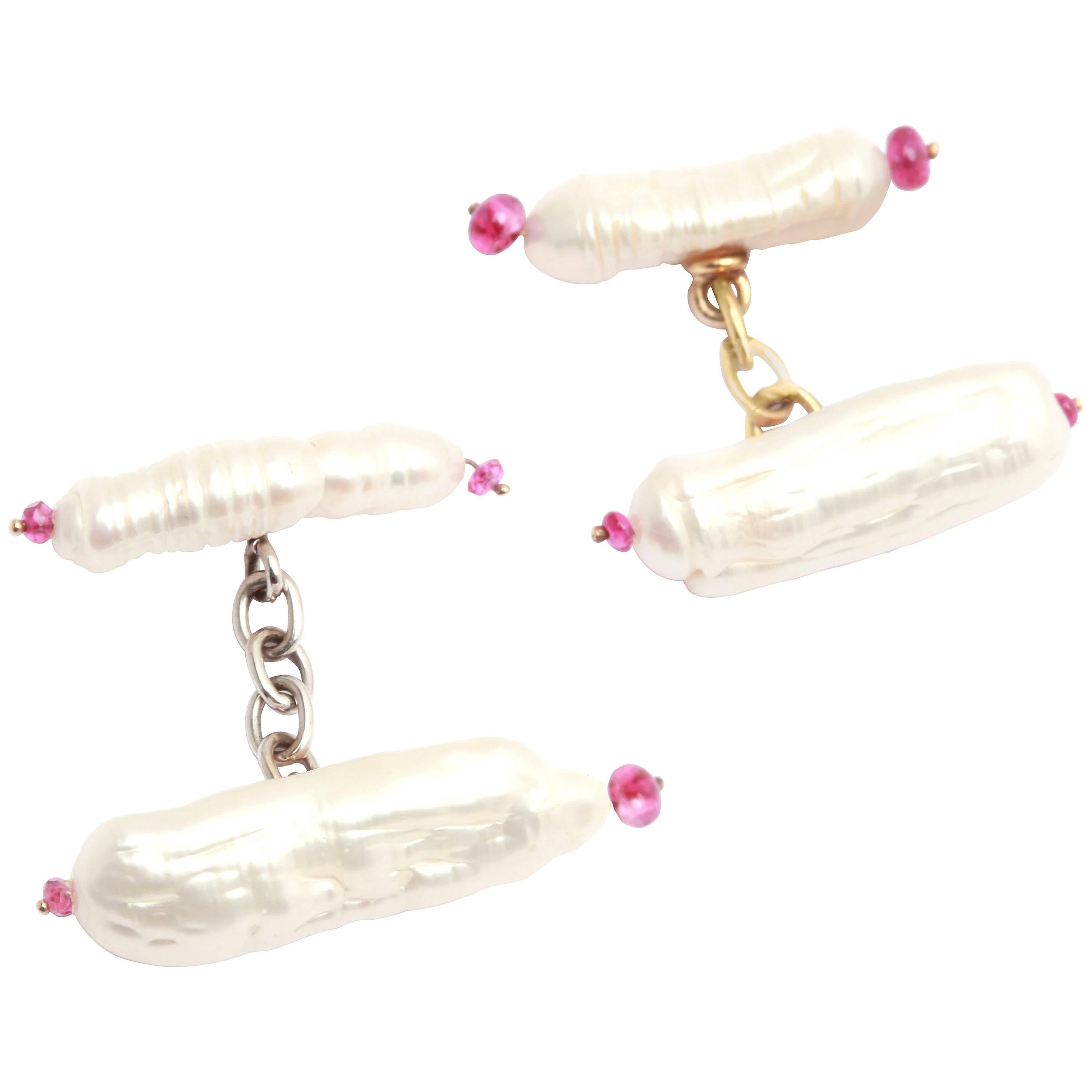 1960 Pearl Ruby Gold Cufflinks For Sale