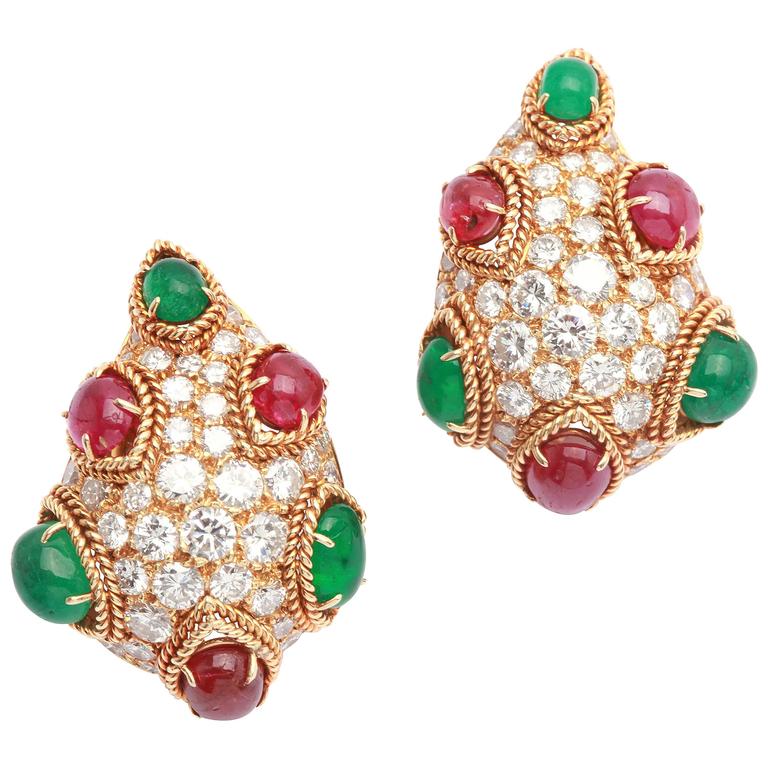 Van Cleef & Arpels Emerald Ruby Diamond Gold Ear Clips For Sale