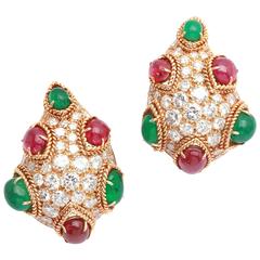 Vintage Van Cleef & Arpels Emerald Ruby Diamond Gold Ear Clips