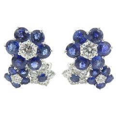 Sapphire Diamond Gold Flower Earrings.