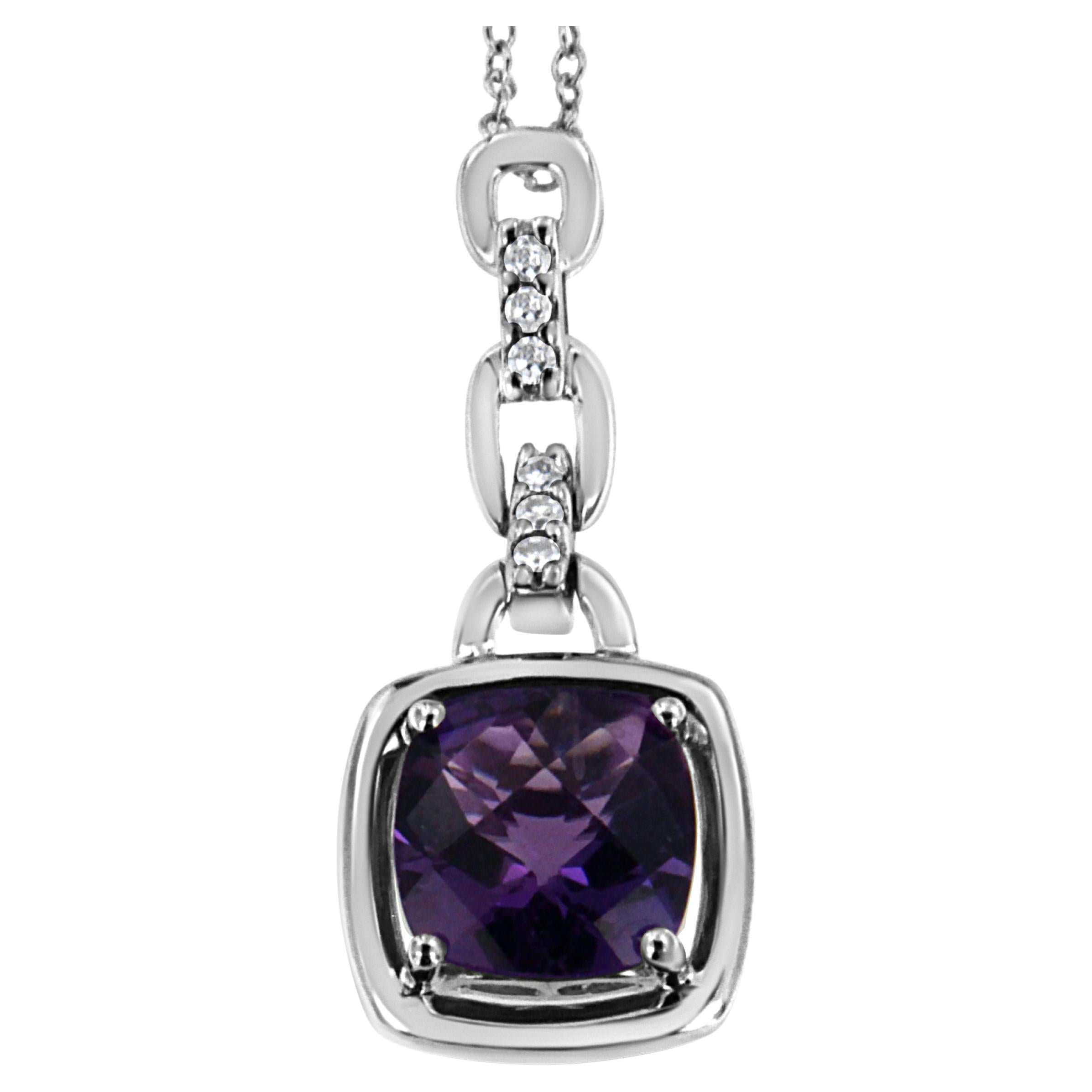 Sterling Silver Purple Amethyst & Diamond Accented Bale Pendant Necklace For Sale