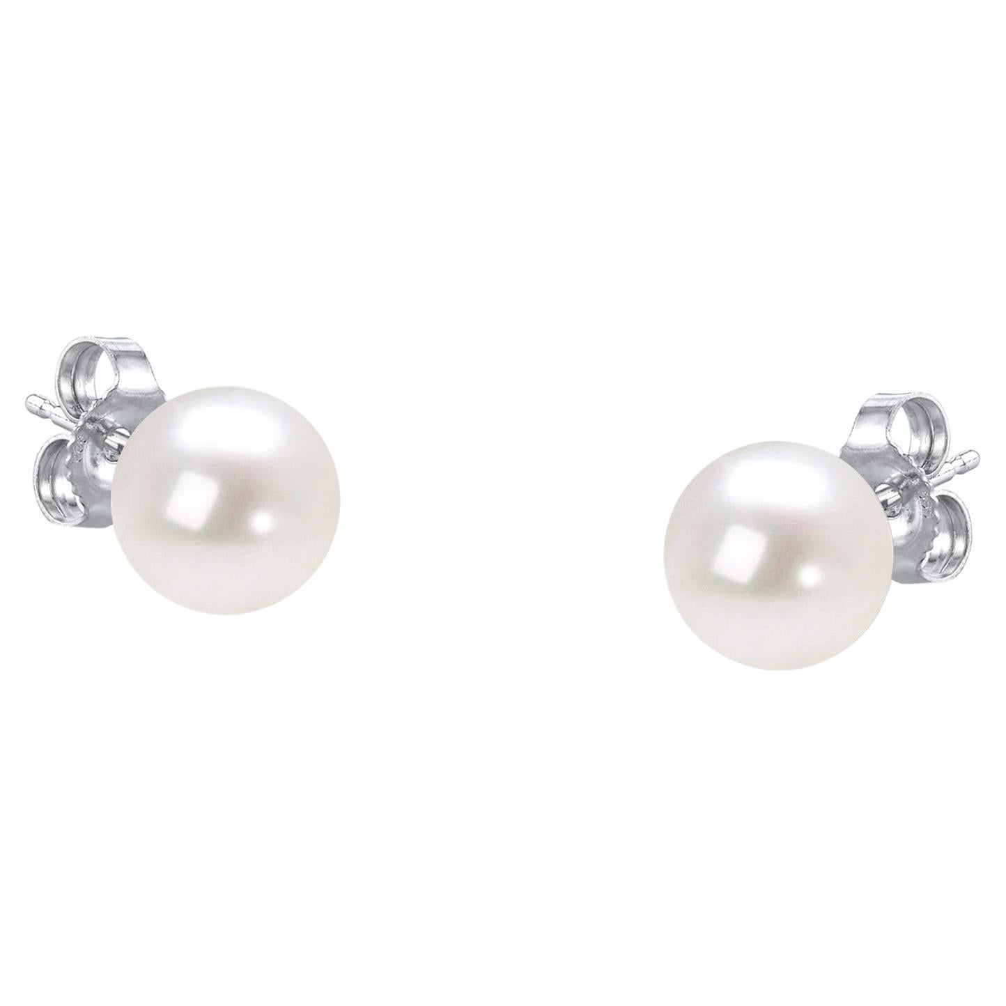 14K White Gold Round Freshwater Akoya Cultured Pearl Stud Earrings AAA+ Quality For Sale