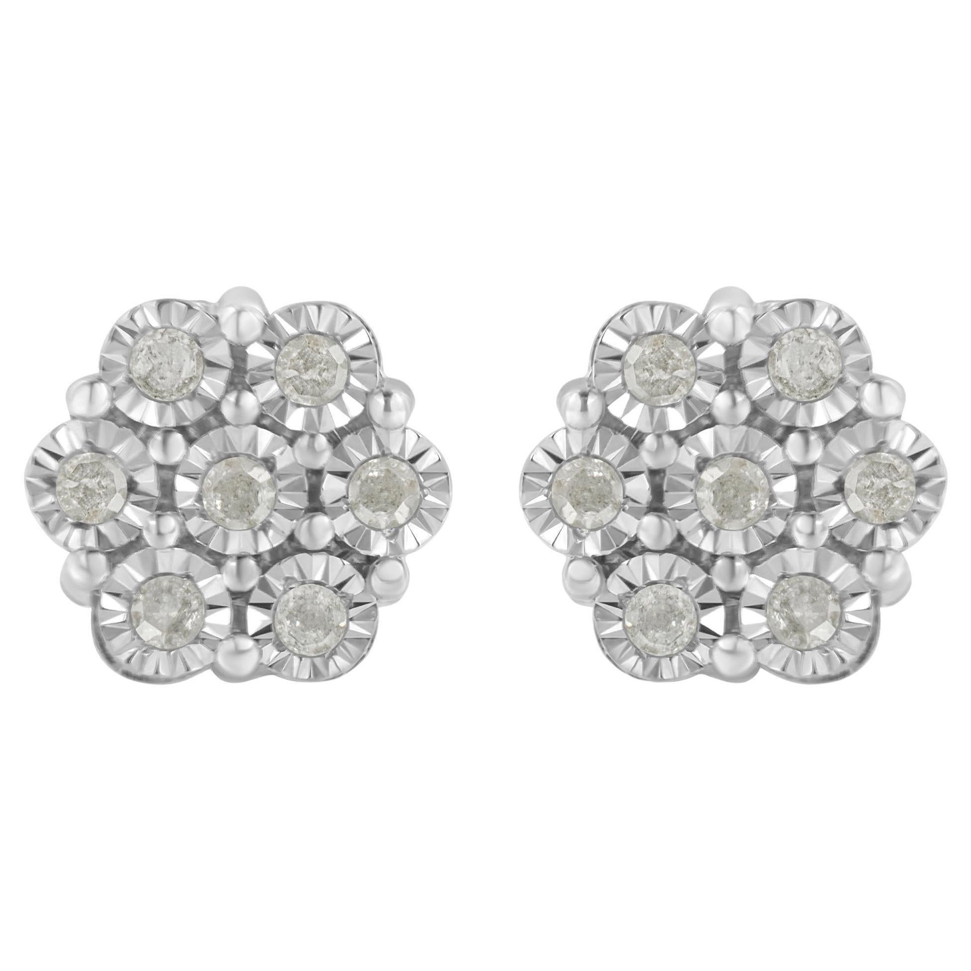 .925 Sterling Silver 1/2 Carat Rose-Cut Diamond Floral Cluster Stud Earring For Sale