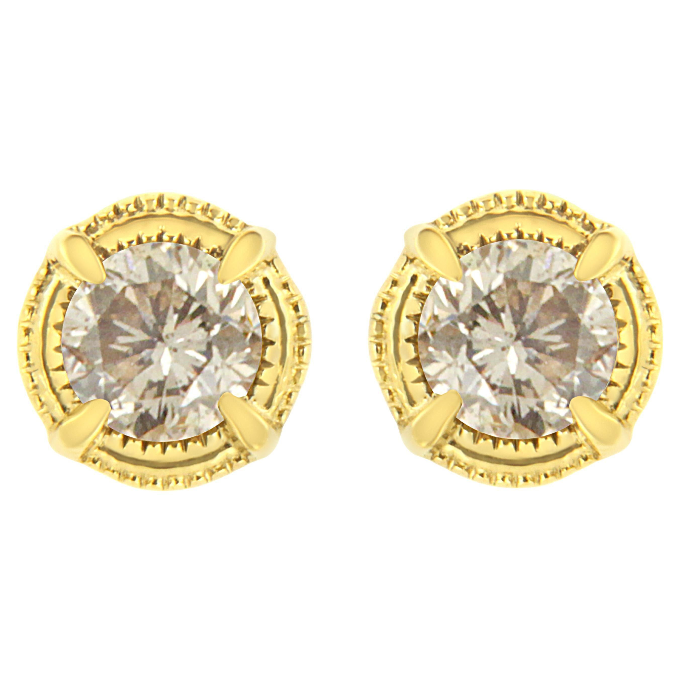 Clous d'oreilles en or jaune plaqué argent sterling avec diamants de 3/8 carats de couleur milgrain