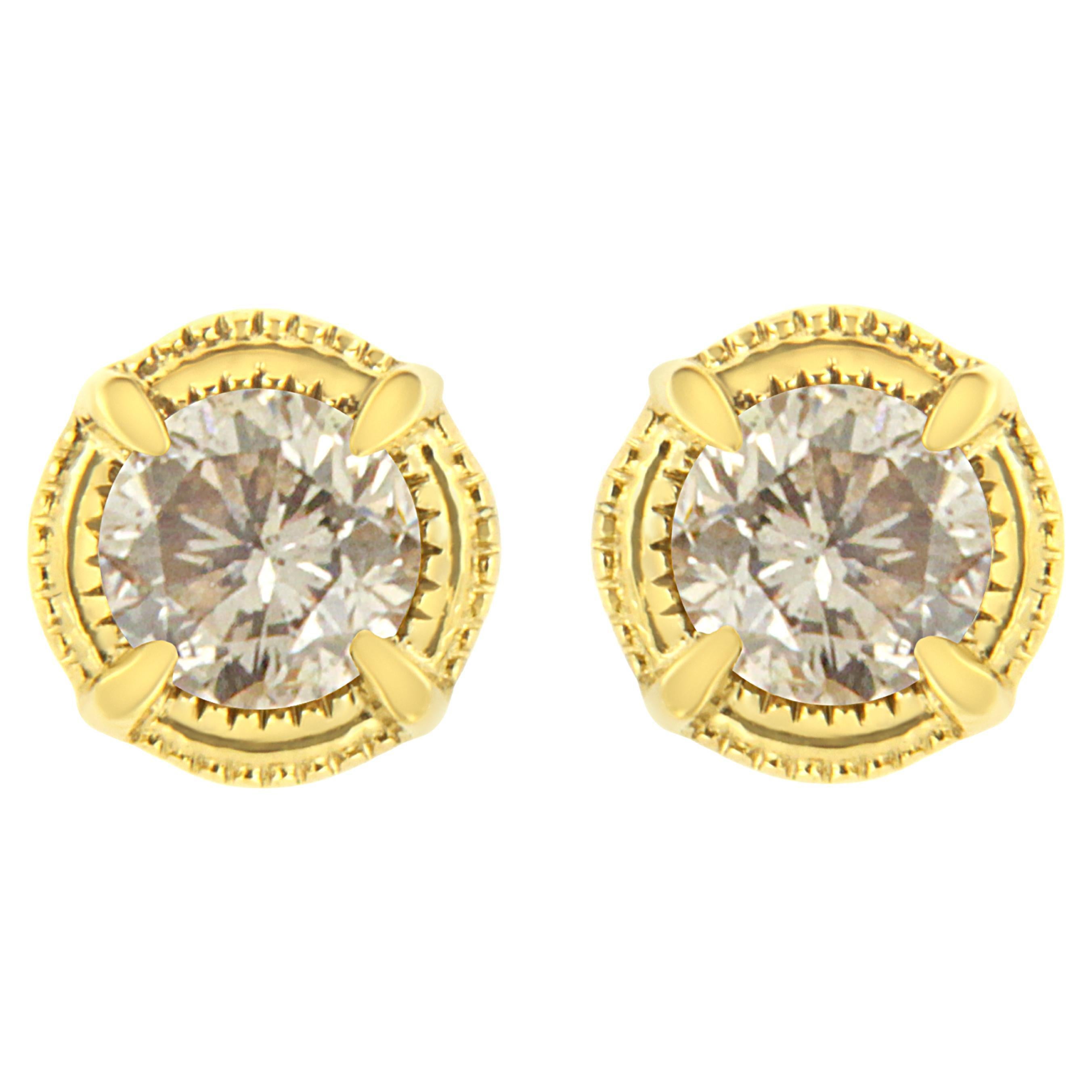 Yellow Gold Plated Sterling Silver 3/8 Carat Diamond Milgrain Stud Earrings