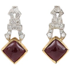 Art Deco 18ct Gold Garnet and Cabochon Diamond Drop Earrings, Circa 1930