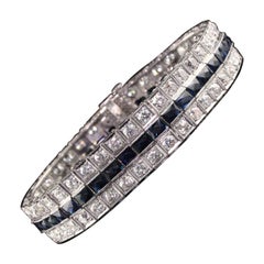 Bracelet ligne Art déco ancien en platine avec diamants et saphirs d'Europe ancienne