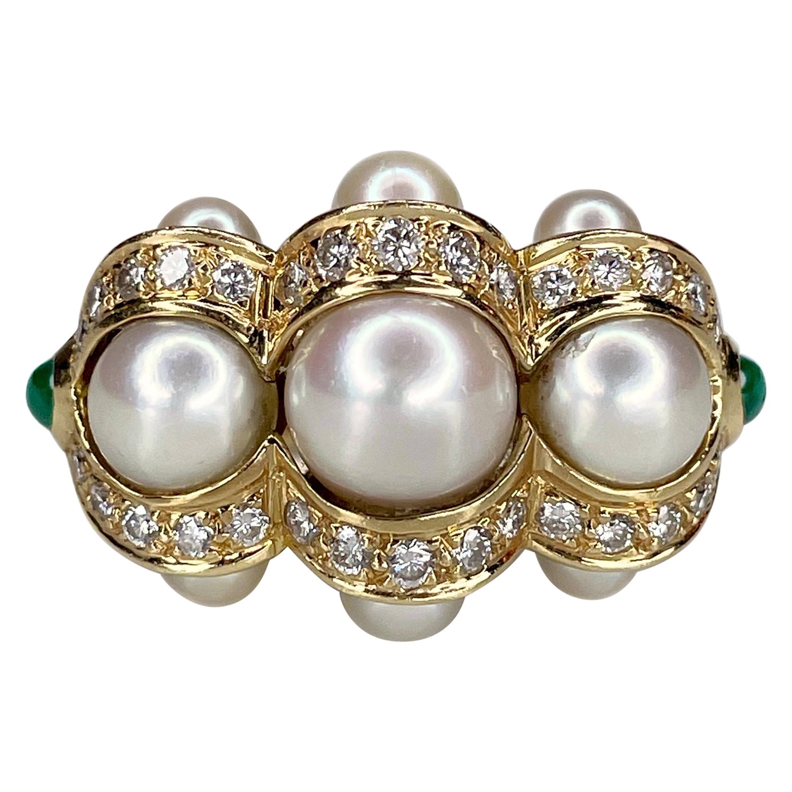 Modern 18 Karat Gold Pearl 0.45 Carat Diamond Emerald Three Stone Cocktail Ring