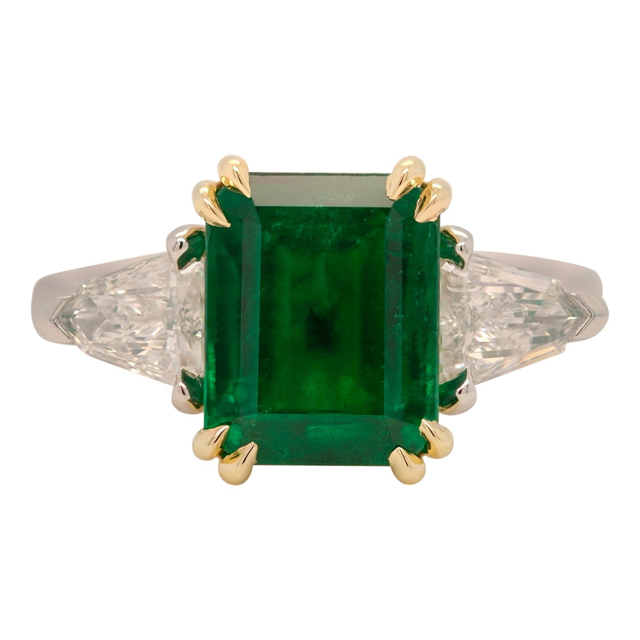 3.17 Carat Fine Emerald Vivid Green & Shield Side Stones Platinum & 18K 