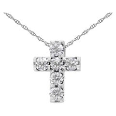 14K White Gold 1/2 Carat Round Diamond Mini Cross Pendant Necklace