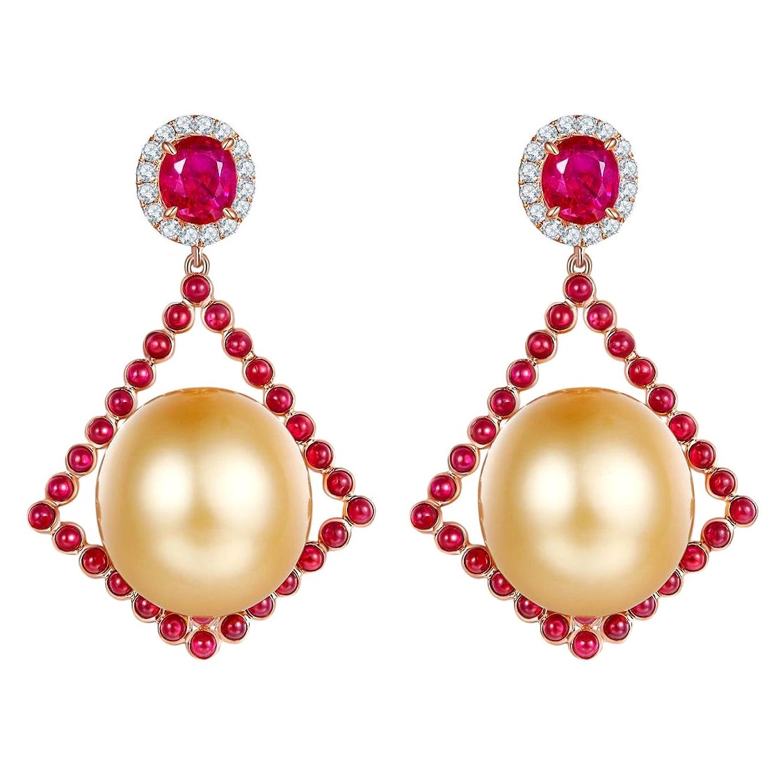 Eostre Golden South Sea Pearl, Ruby and Diamond Earring in 18K Rose Gold