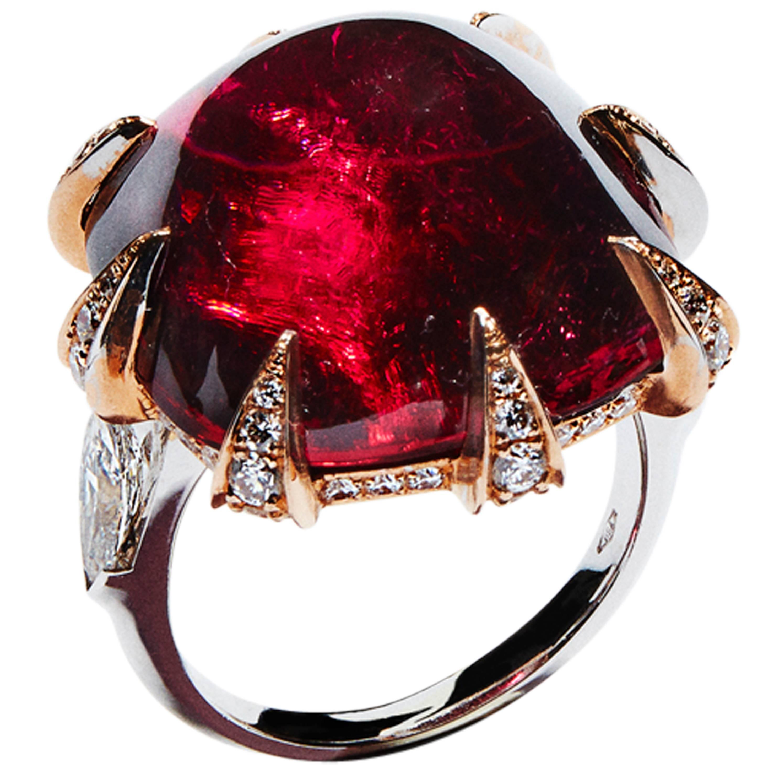 N.V. Milano Cabochon Rubelite Diamond Gold Ring For Sale