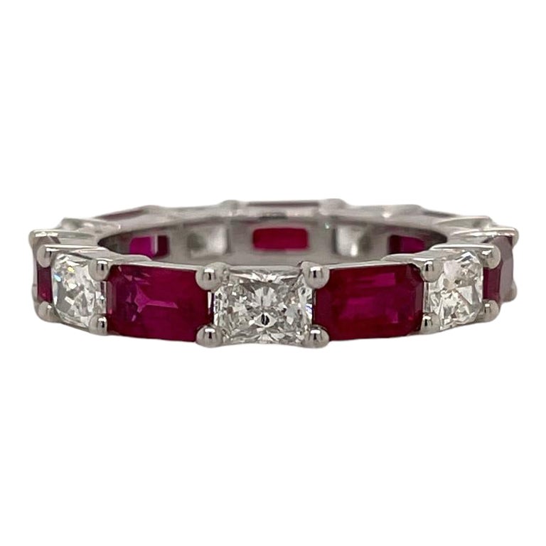 Alternating Ruby & Diamond Eternity Ring 18K White Gold For Sale