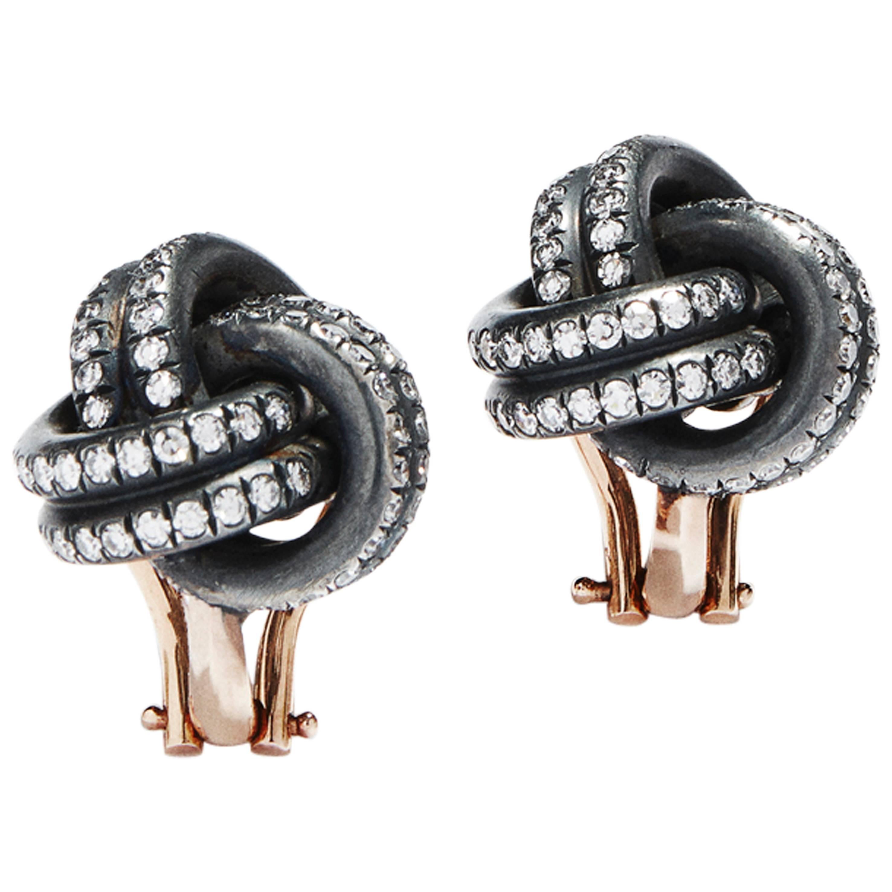 N.V. Milano Diamond Oxidized Silver Gold Knot Earrings For Sale