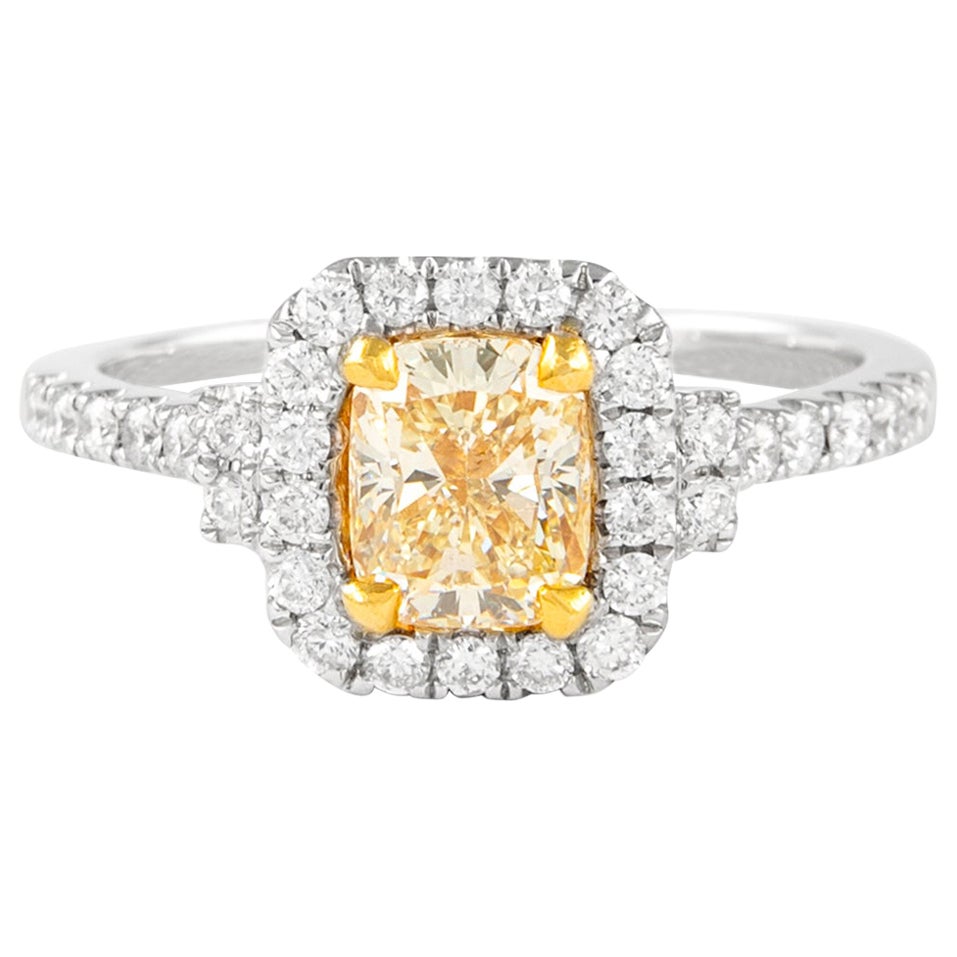 Alexander 1.47ctt Fancy Yellow Cushion Diamond with Halo Ring 18k Two Tone For Sale