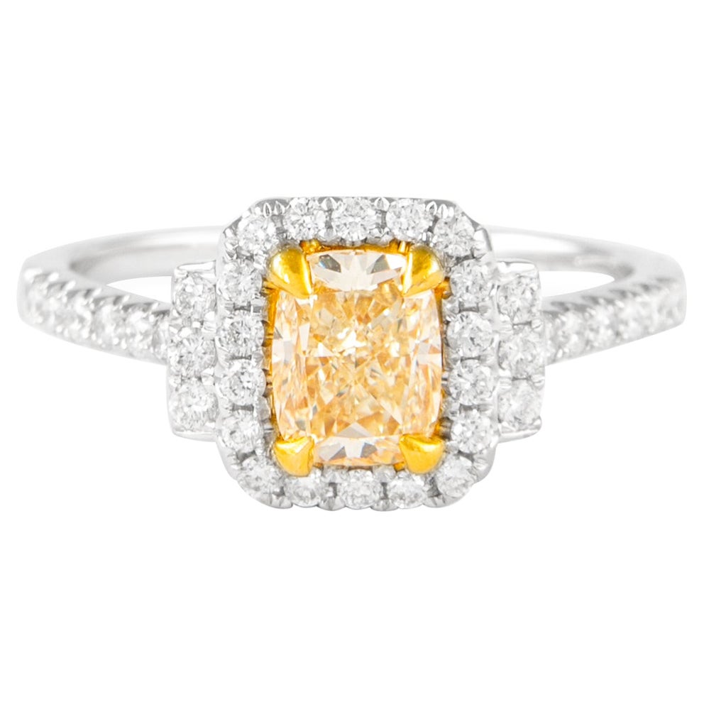 Alexander 1.39ctt Fancy Yellow VS2 Cushion Diamond with Halo Ring 18k Two Tone For Sale