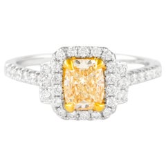 Alexander Bague bicolore 18 carats avec diamant jaune fantaisie taille coussin VS2 de 1,39 carat et halo