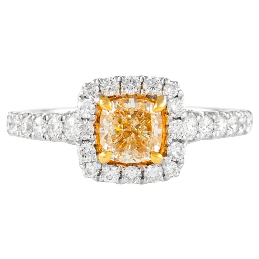 Alexander 1.02ct Fancy Intense Yellow Cushion Diamond with Halo Ring 18k For Sale