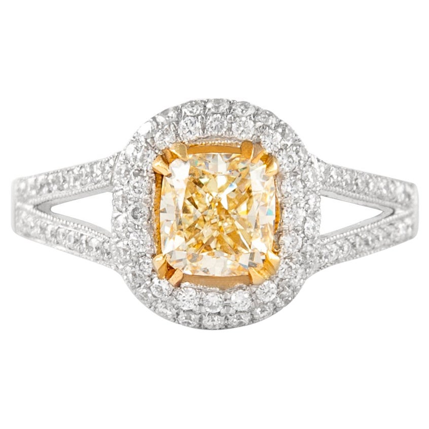 Alexander 1.55ctt Fancy Yellow Cushion VVS1 Diamond with Halo Ring 18k Two Tone For Sale