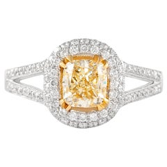 Alexander, bague bicolore 18 carats avec diamant jaune fantaisie taille coussin VVS1 de 1,55 carat