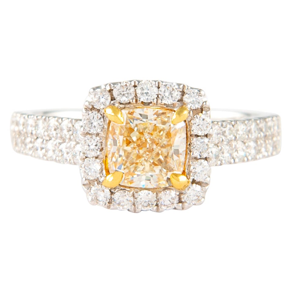 Alexander 1.90ctt Fancy Yellow Cushion VS1 Diamond with Halo Ring 18k Two Tone For Sale