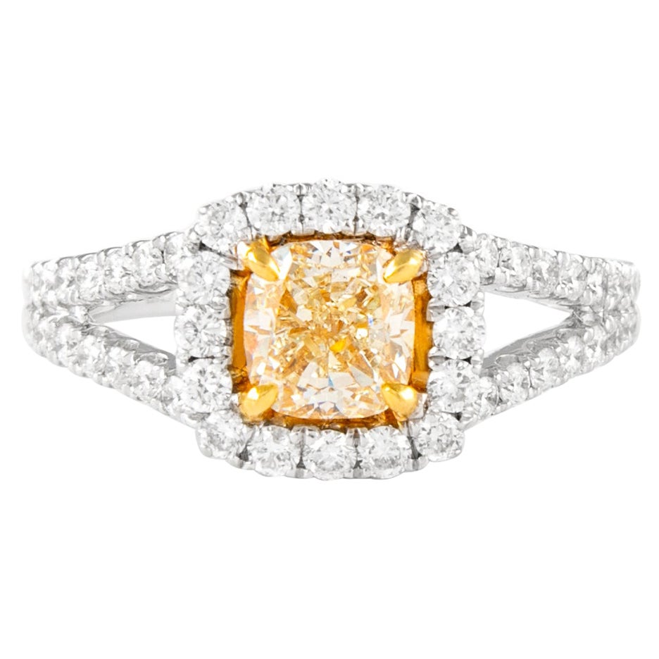 Alexander 1.72ctt Fancy Yellow Cushion VS1 Diamond with Halo Ring 18k Two Tone For Sale