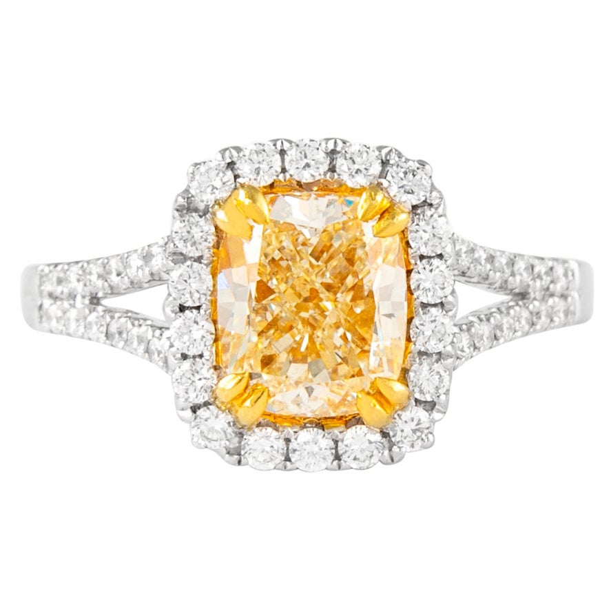 Alexander 2.01ct Fancy Intense Yellow Cushion VVS2 Diamond with Halo Ring 18k