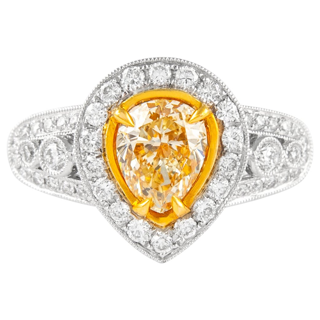 Alexander 2.06ctt Fancy Yellow Pear Diamond with Halo Ring 18k Two Tone For Sale