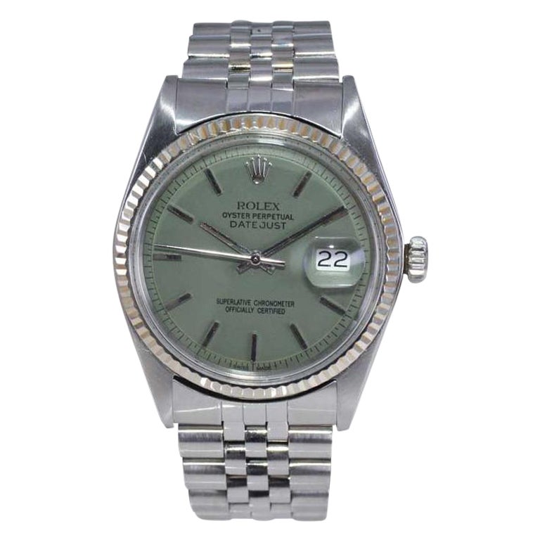 Rolex Stainless Steel Datejust with Custom Made Sage Green Dial 1960s or 70s For Sale