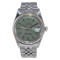 Retro Rolex Stainless Steel Datejust with Custom Made Sage Green Dial 1960s or 70s