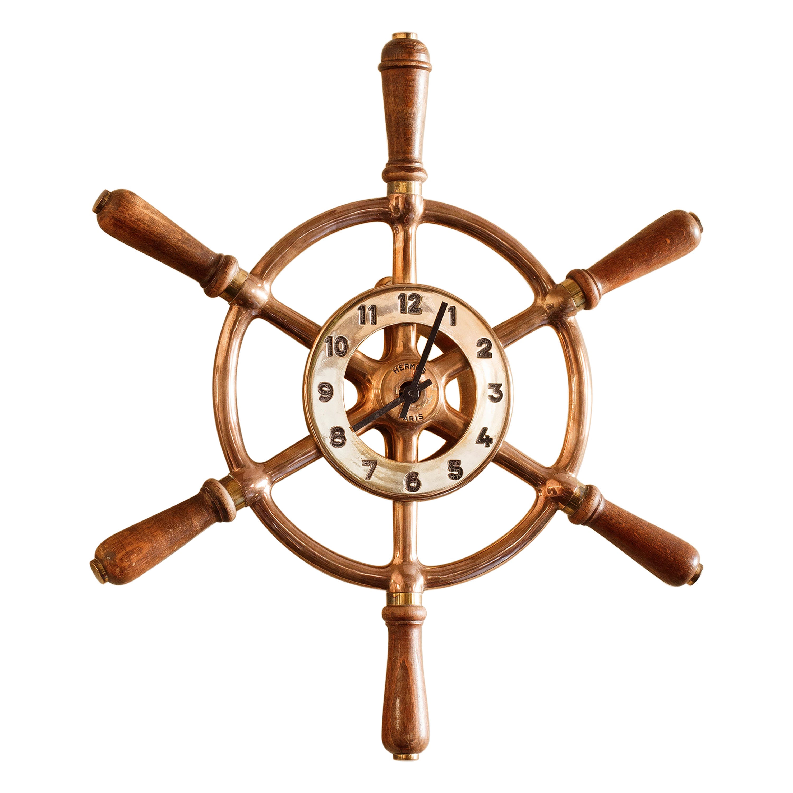 Vintage Hermes Paris Wall Clock Ship Wheel Helm Rare Marine Yacht Clock in Brass For Sale
