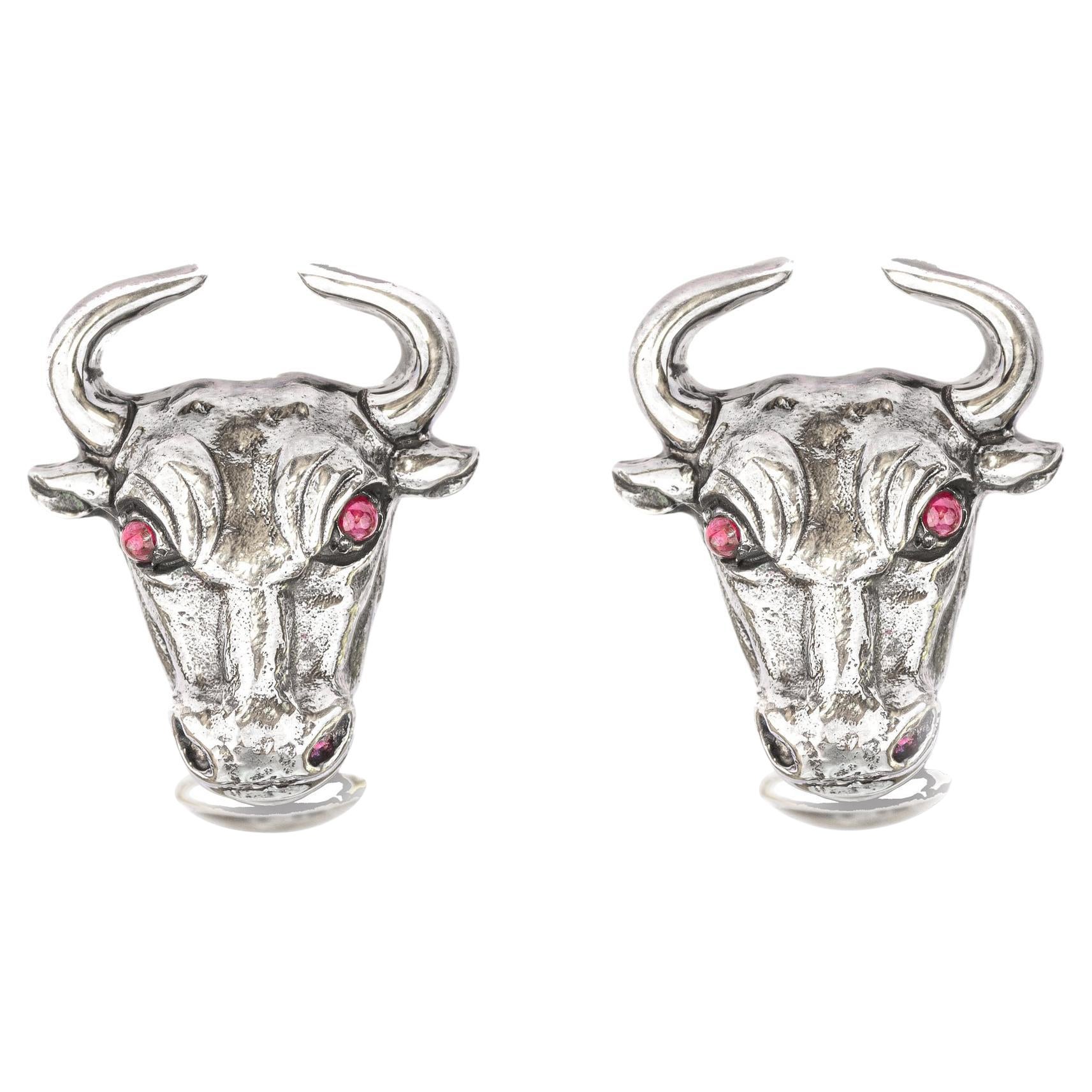 Tichu Ruby and Crystal Bull Face Cufflink in Sterling Silver For Sale