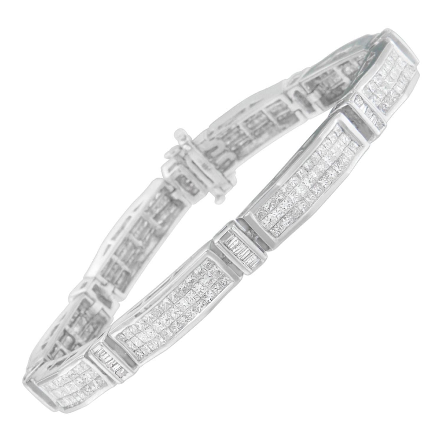 14K White Gold 7.0 Carat Princess and Baguette Cut Diamond Beaded Bracelet