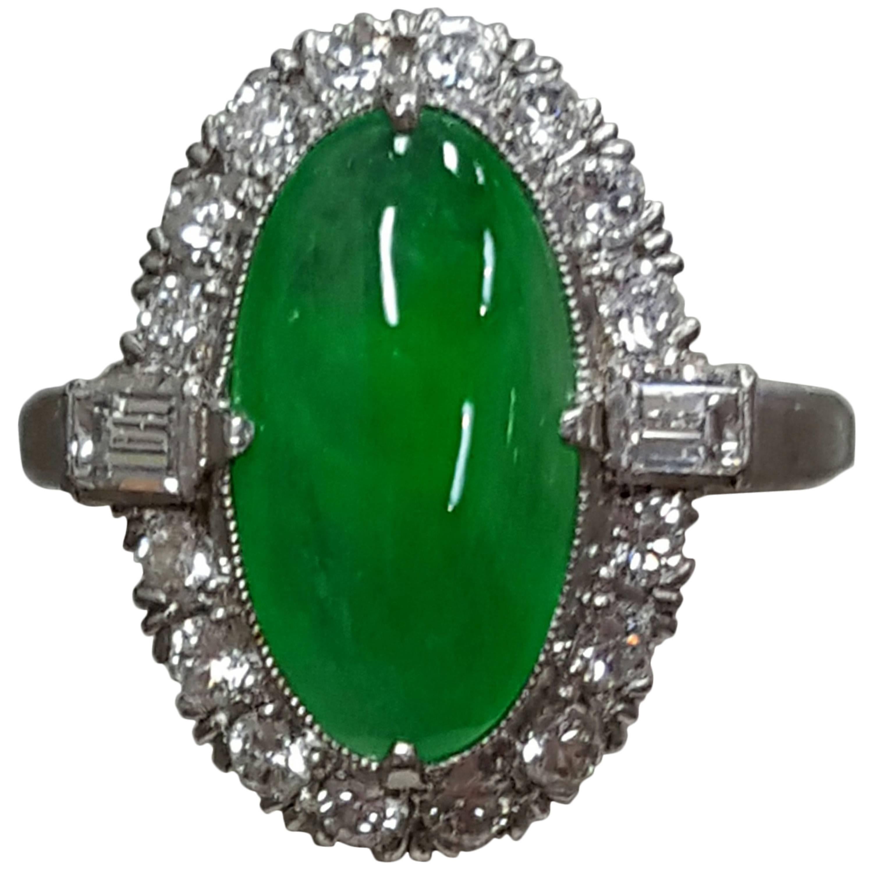 Oval Jade Diamond Platinum Ring For Sale