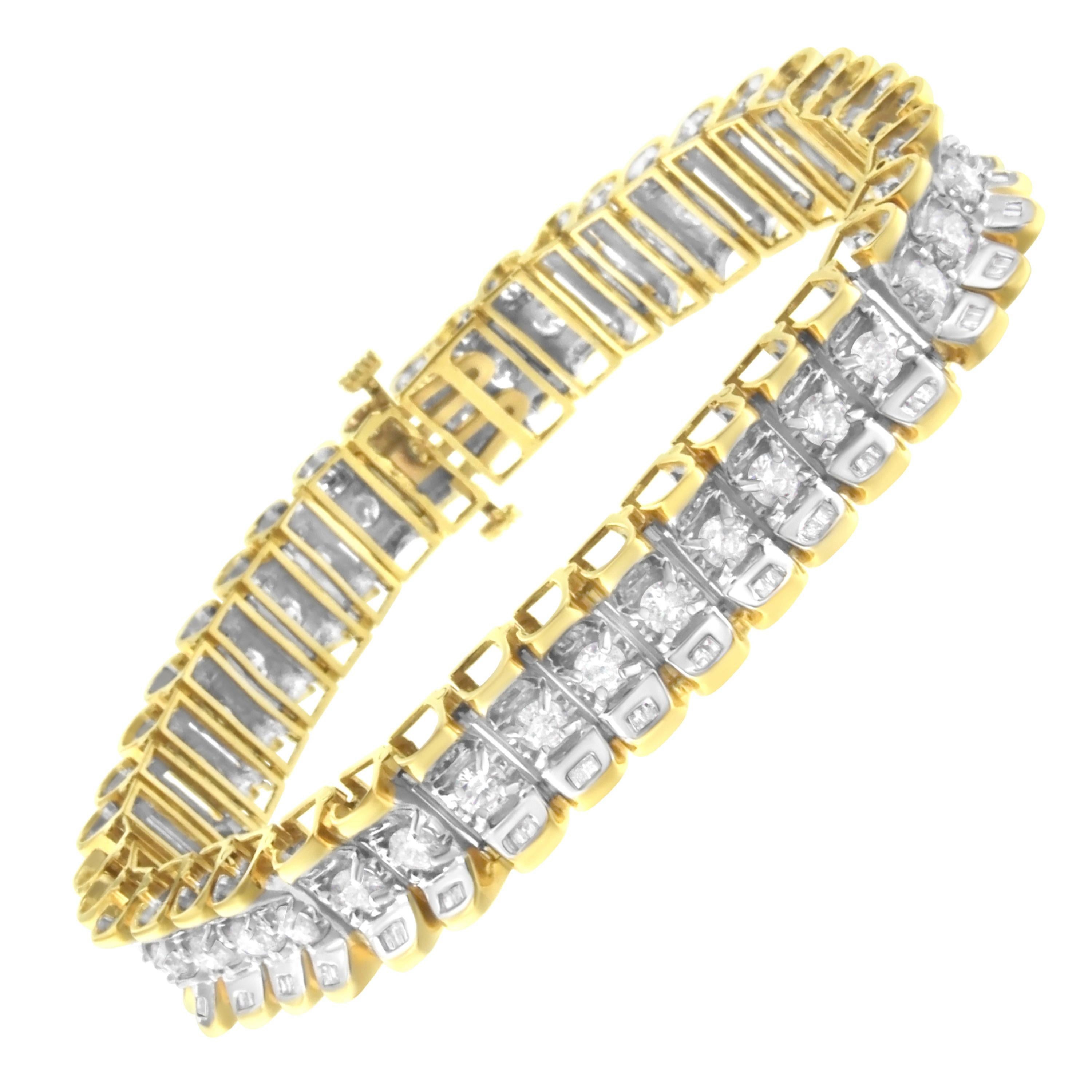 14K Yellow and White Gold 5 Carats Round & Baguette Diamond Tennis Bracelet For Sale