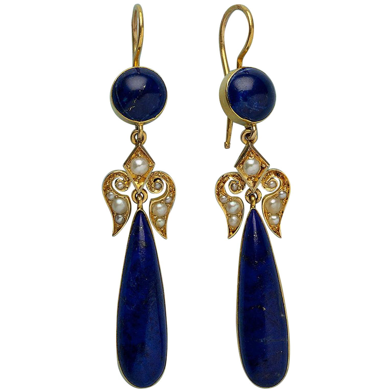 Victoria Gold Earrings with Lapis and Pearls For Sale