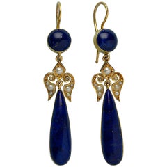 Boucles d'oreilles victoriennes en or avec lapis et perles