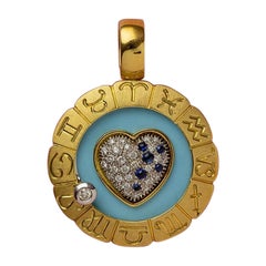 18K Gold Zodiac Pendant with Diamonds and Sapphires