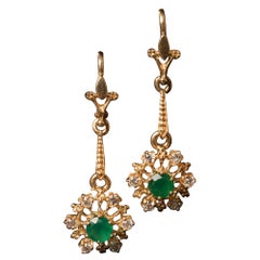Antique 1900s Edwardian Fleur de Lis Emerald and Diamond Earrings in 18 CT Gold
